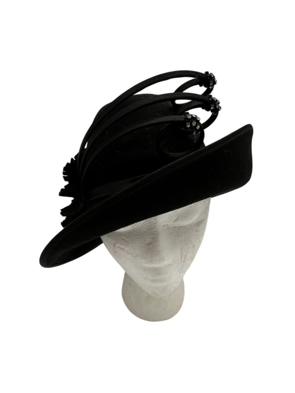 June's Young Womens 100% Wool Decorative Fascinator Hat Black Floral Rhinestone